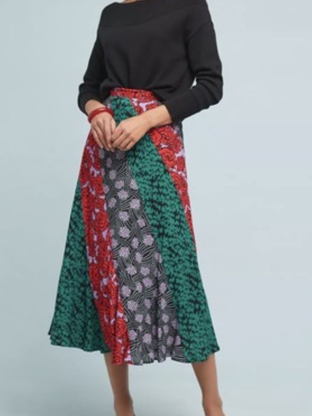 ANTHROPOLOGIE Printed Midi Panel Skirt in Green and Red